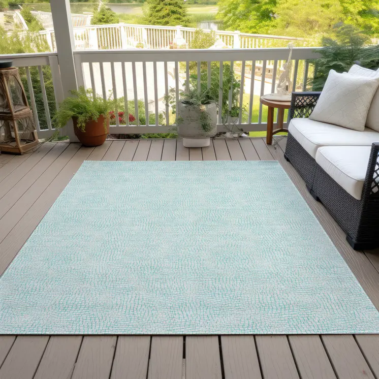 8' X 10' Aqua And Ivory Geometric Washable Indoor Outdoor Area Rug