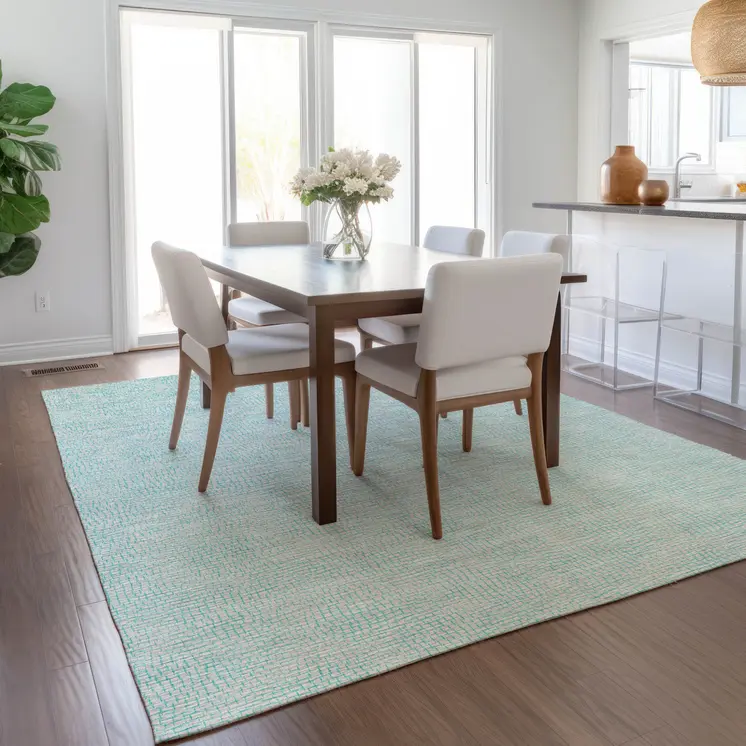 9' X 12' Aqua And Ivory Geometric Washable Indoor Outdoor Area Rug