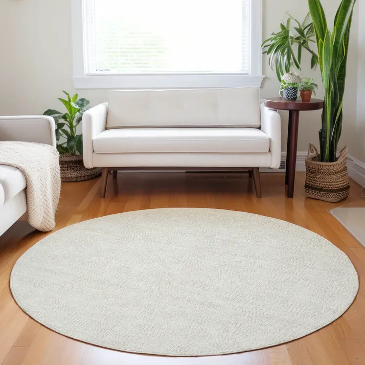 8' Beige And Brown Round Geometric Washable Indoor Outdoor Area Rug