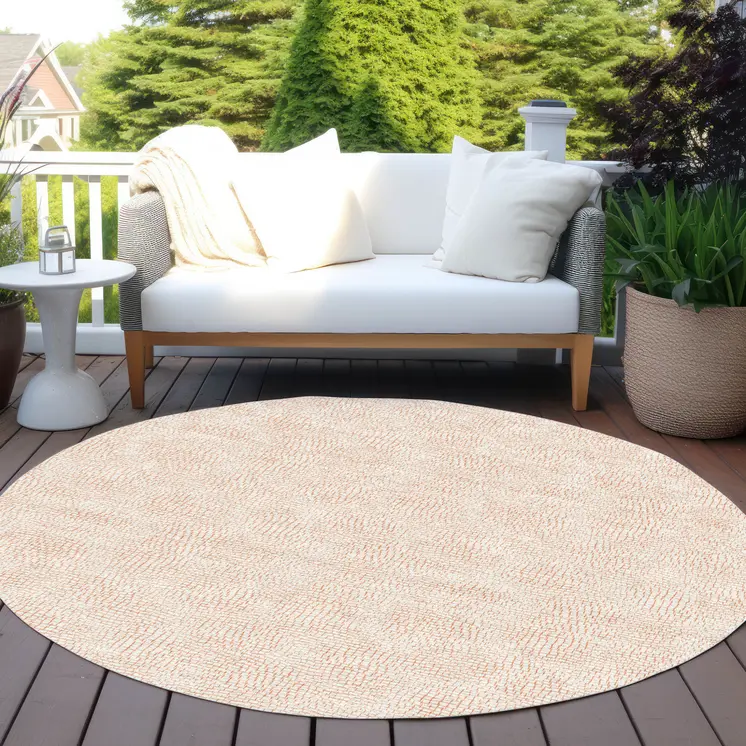 8' Peach And Beige Round Geometric Washable Indoor Outdoor Area Rug