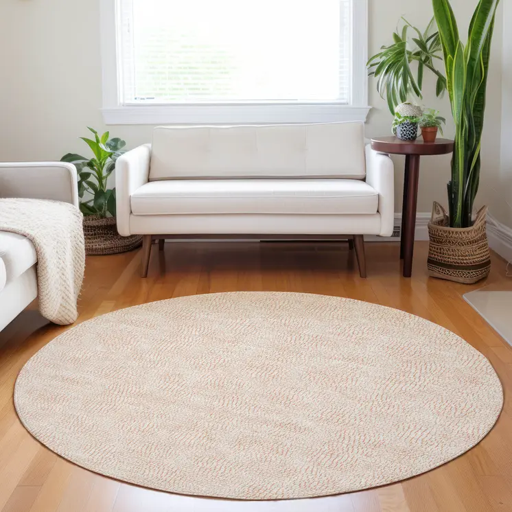 8' Peach And Beige Round Geometric Washable Indoor Outdoor Area Rug