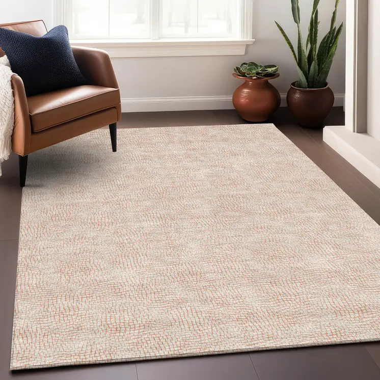 8' X 10' Peach And Beige Geometric Washable Indoor Outdoor Area Rug