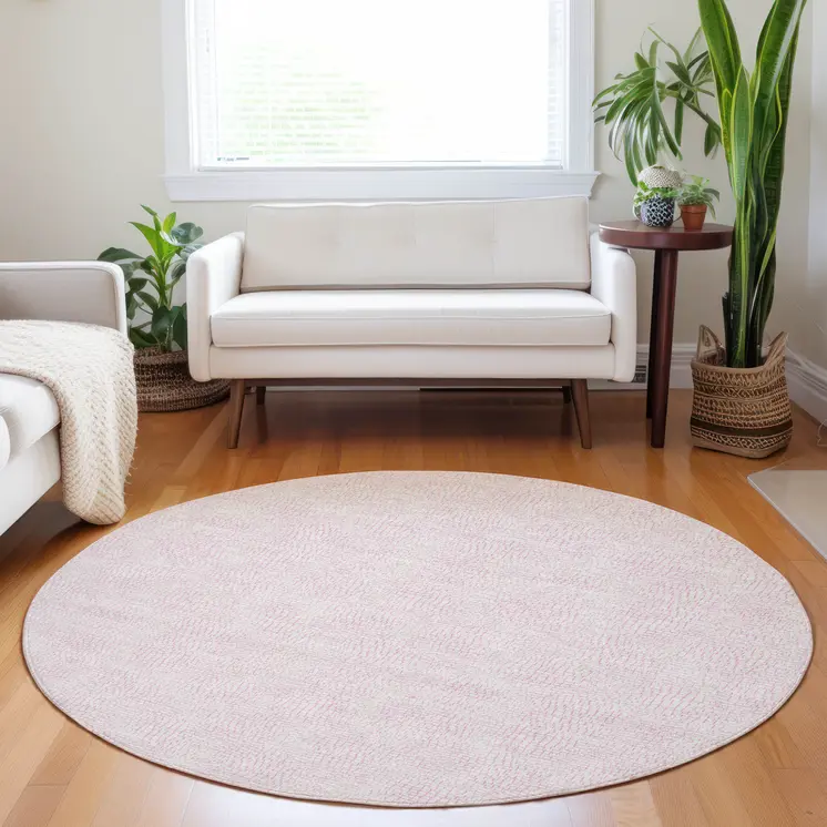 8' Pink And Ivory Round Geometric Washable Indoor Outdoor Area Rug
