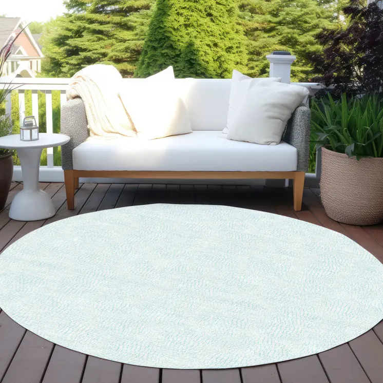8' Sky Blue And Ivory Round Geometric Washable Indoor Outdoor Area Rug