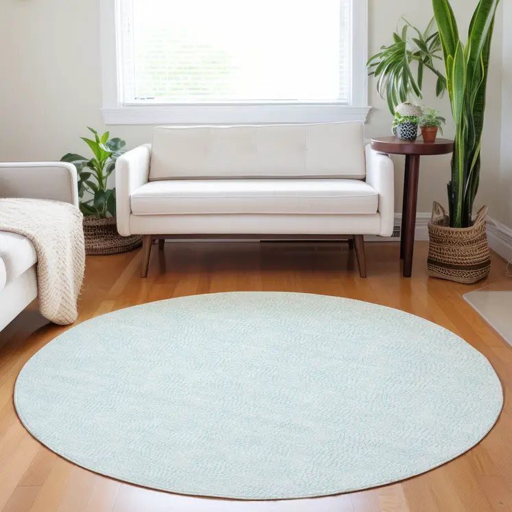 8' Sky Blue And Ivory Round Geometric Washable Indoor Outdoor Area Rug