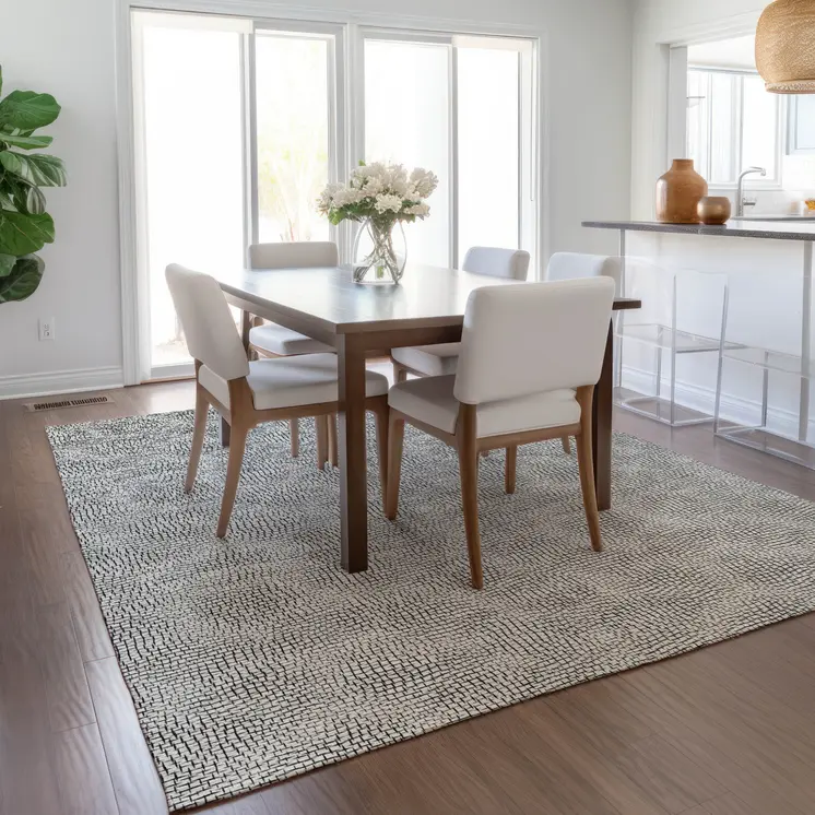 5' X 8' White And Black Geometric Washable Indoor Outdoor Area Rug