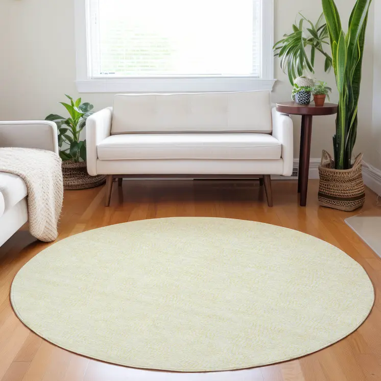 8' Yellow And Beige Round Geometric Washable Indoor Outdoor Area Rug