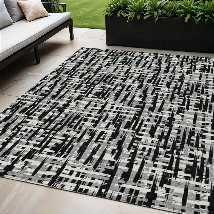 5' X 8' Black Gray And Ivory Abstract Washable Indoor Outdoor Area Rug