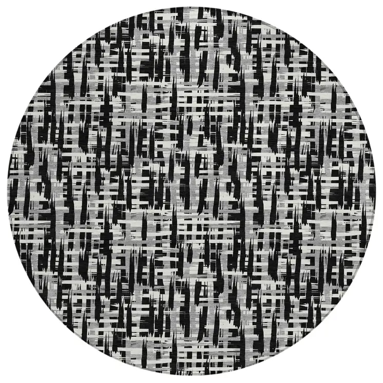 8' Black Gray And Ivory Round Abstract Washable Indoor Outdoor Area Rug