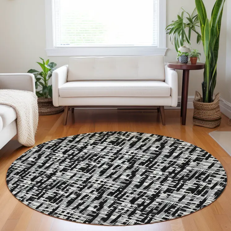 8' Black Gray And Ivory Round Abstract Washable Indoor Outdoor Area Rug