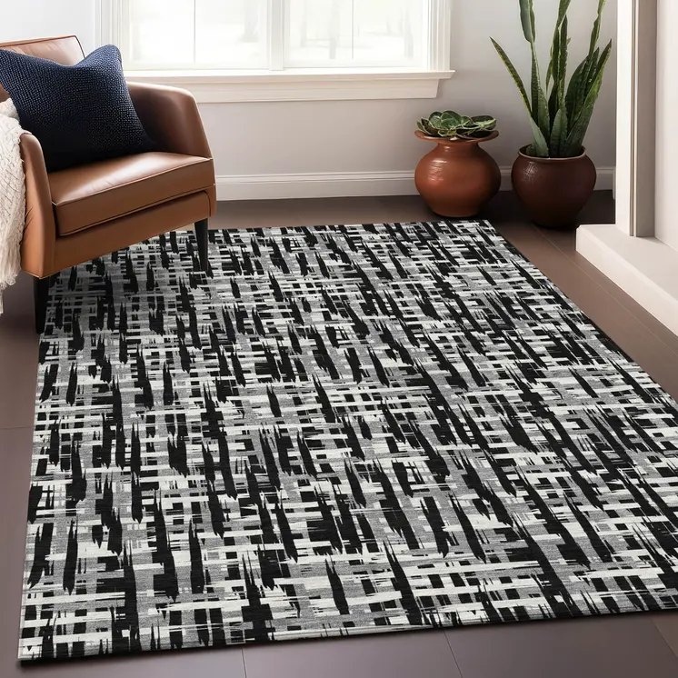 8' X 10' Black Gray And Ivory Abstract Washable Indoor Outdoor Area Rug