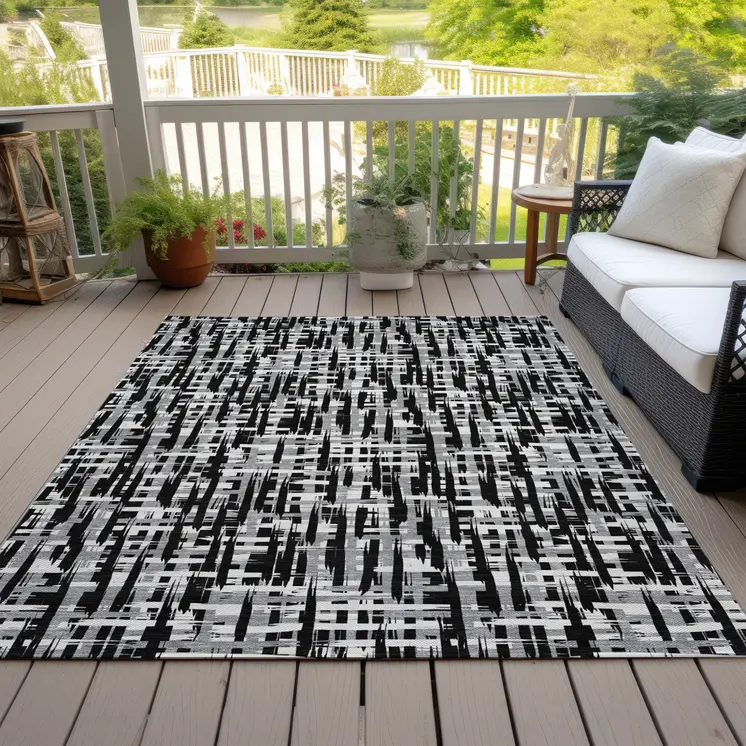 9' X 12' Black Gray And Ivory Abstract Washable Indoor Outdoor Area Rug
