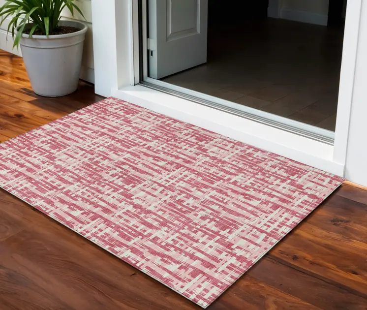 3' X 5' Blush Pink And Beige Abstract Washable Indoor Outdoor Area Rug