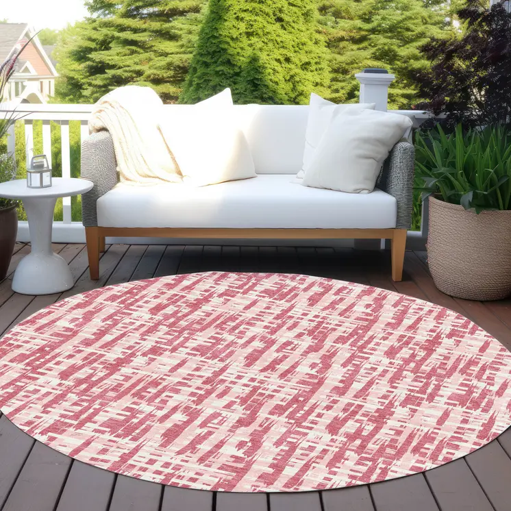 8' Blush Pink And Beige Round Abstract Washable Indoor Outdoor Area Rug
