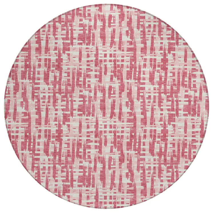 8' Blush Pink And Beige Round Abstract Washable Indoor Outdoor Area Rug