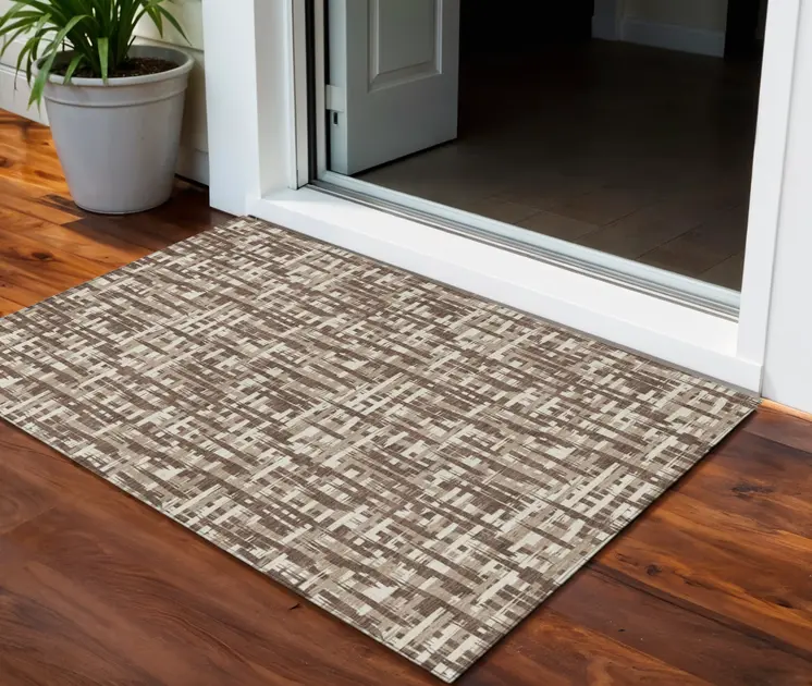 3' X 5' Brown Tan And Beige Abstract Washable Indoor Outdoor Area Rug