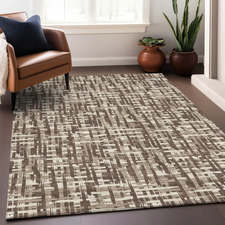 3' X 5' Brown Tan And Beige Abstract Washable Indoor Outdoor Area Rug