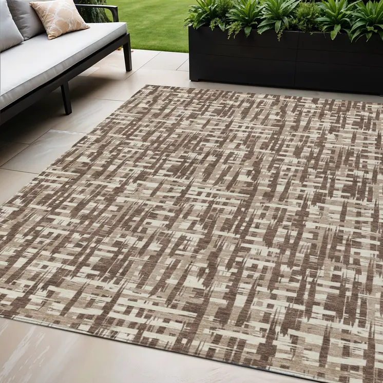 5' X 8' Brown Tan And Beige Abstract Washable Indoor Outdoor Area Rug