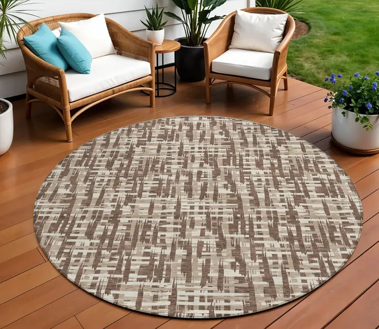 8' Brown Tan And Beige Round Abstract Washable Indoor Outdoor Area Rug