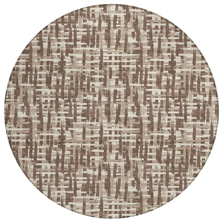8' Brown Tan And Beige Round Abstract Washable Indoor Outdoor Area Rug