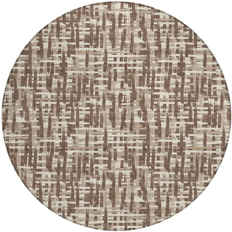 8' Brown Tan And Beige Round Abstract Washable Indoor Outdoor Area Rug
