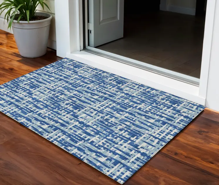 3' X 5' Blue And Ivory Abstract Washable Indoor Outdoor Area Rug