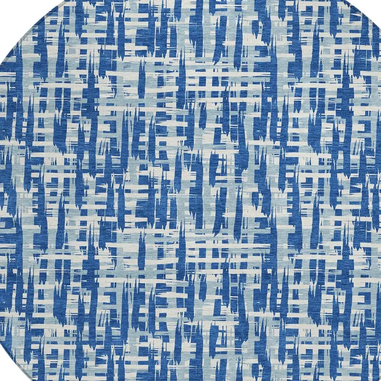 8' Blue And Ivory Round Abstract Washable Indoor Outdoor Area Rug