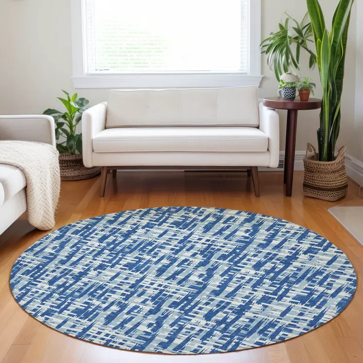 8' Blue And Ivory Round Abstract Washable Indoor Outdoor Area Rug