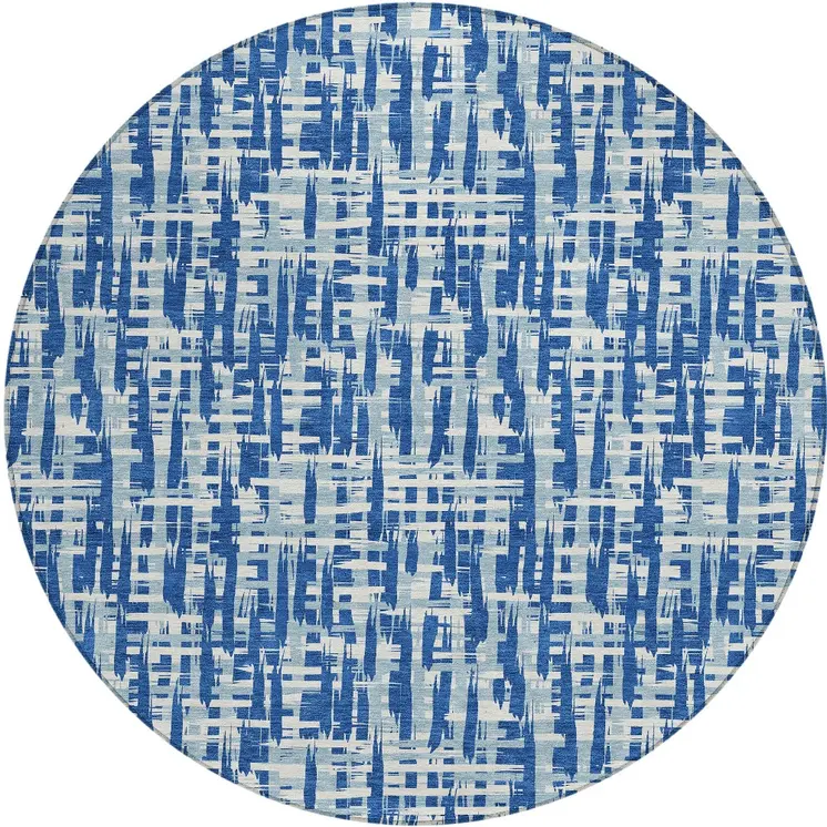 8' Blue And Ivory Round Abstract Washable Indoor Outdoor Area Rug
