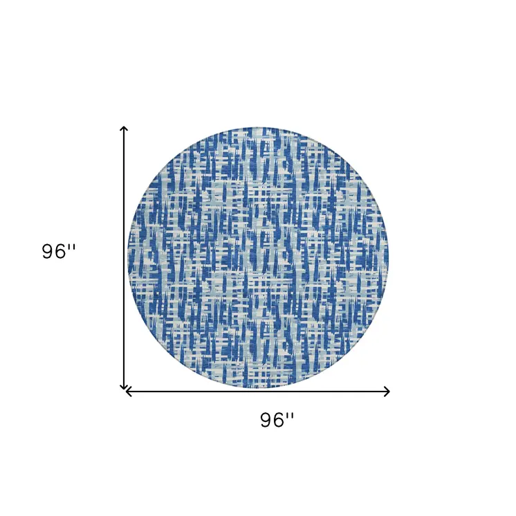 8' Blue And Ivory Round Abstract Washable Indoor Outdoor Area Rug