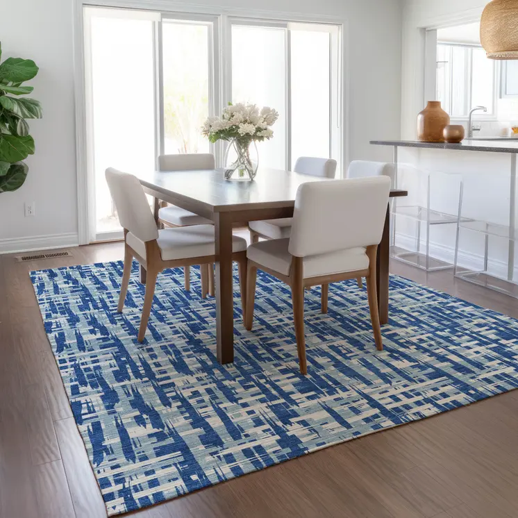 8' X 10' Blue And Ivory Abstract Washable Indoor Outdoor Area Rug