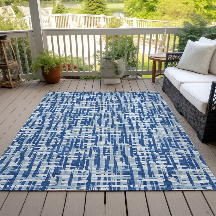 10' X 14' Blue And Ivory Abstract Washable Indoor Outdoor Area Rug