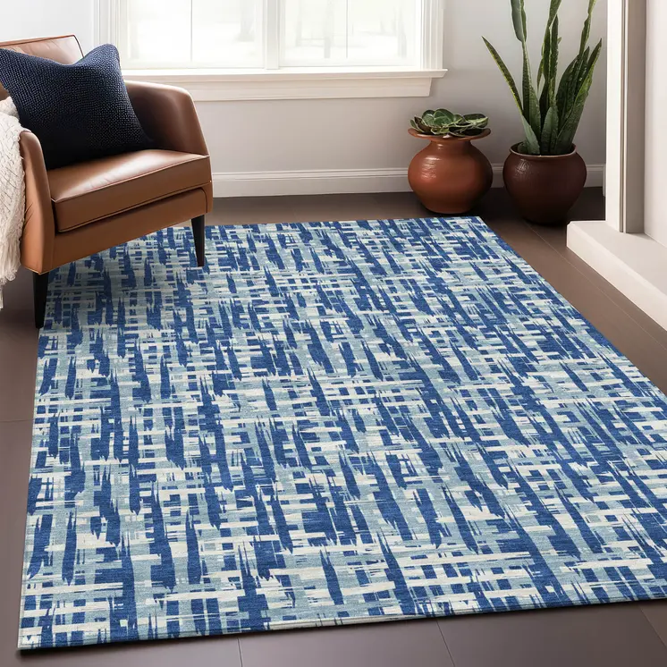 10' X 14' Blue And Ivory Abstract Washable Indoor Outdoor Area Rug