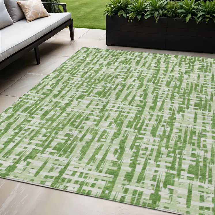 5' X 8' Green And Ivory Abstract Washable Indoor Outdoor Area Rug