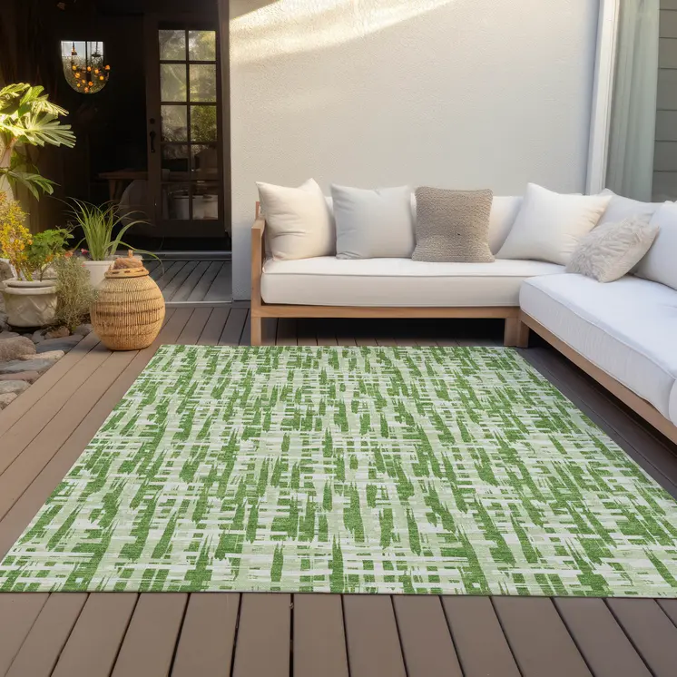 5' X 8' Green And Ivory Abstract Washable Indoor Outdoor Area Rug
