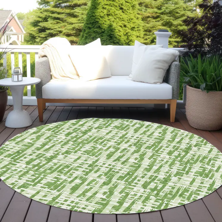 8' Green And Ivory Round Abstract Washable Indoor Outdoor Area Rug