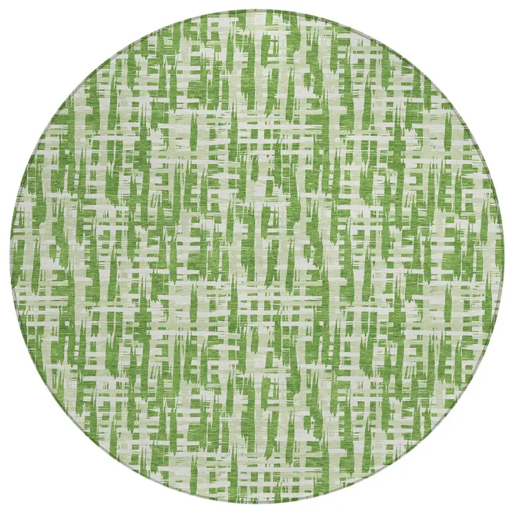 8' Green And Ivory Round Abstract Washable Indoor Outdoor Area Rug