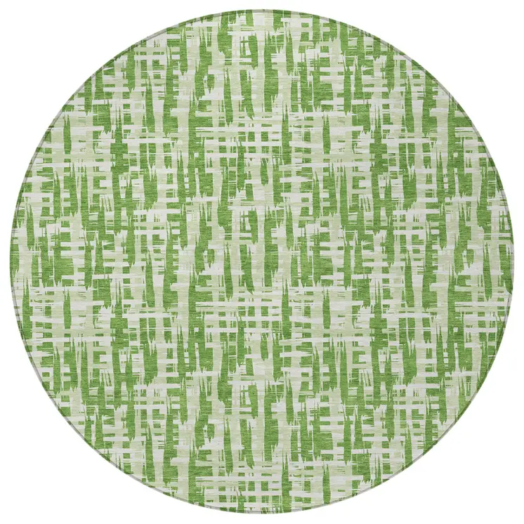 8' Green And Ivory Round Abstract Washable Indoor Outdoor Area Rug