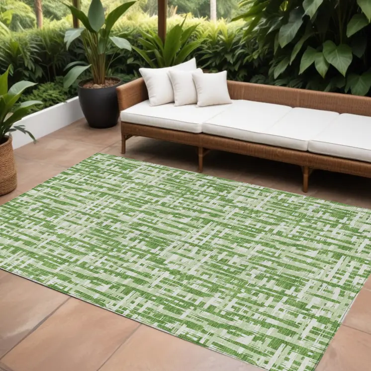 9' X 12' Green And Ivory Abstract Washable Indoor Outdoor Area Rug