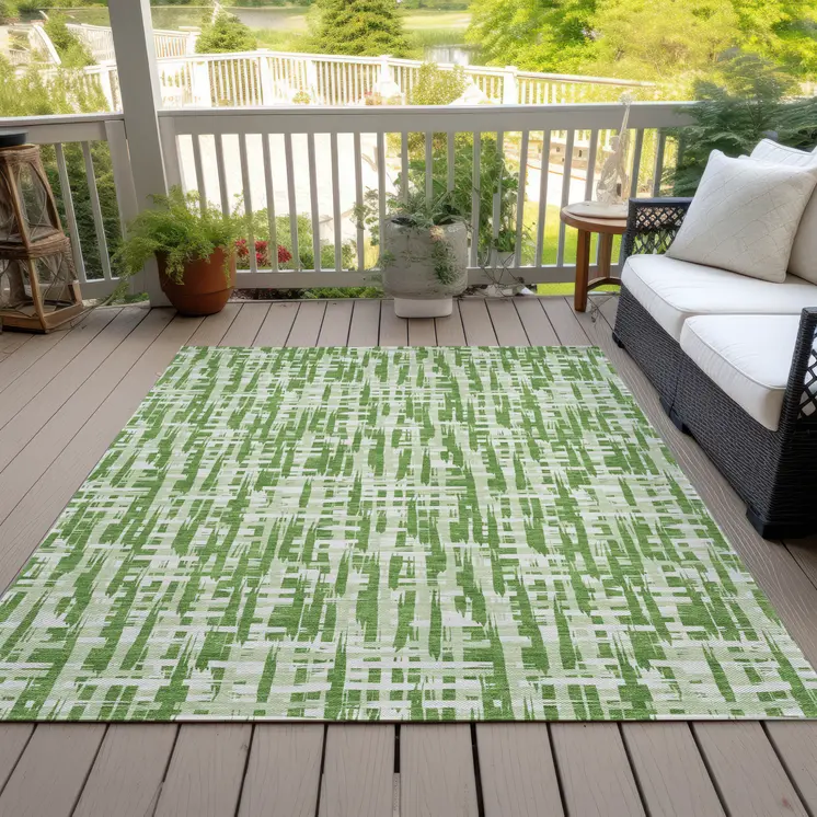 9' X 12' Green And Ivory Abstract Washable Indoor Outdoor Area Rug
