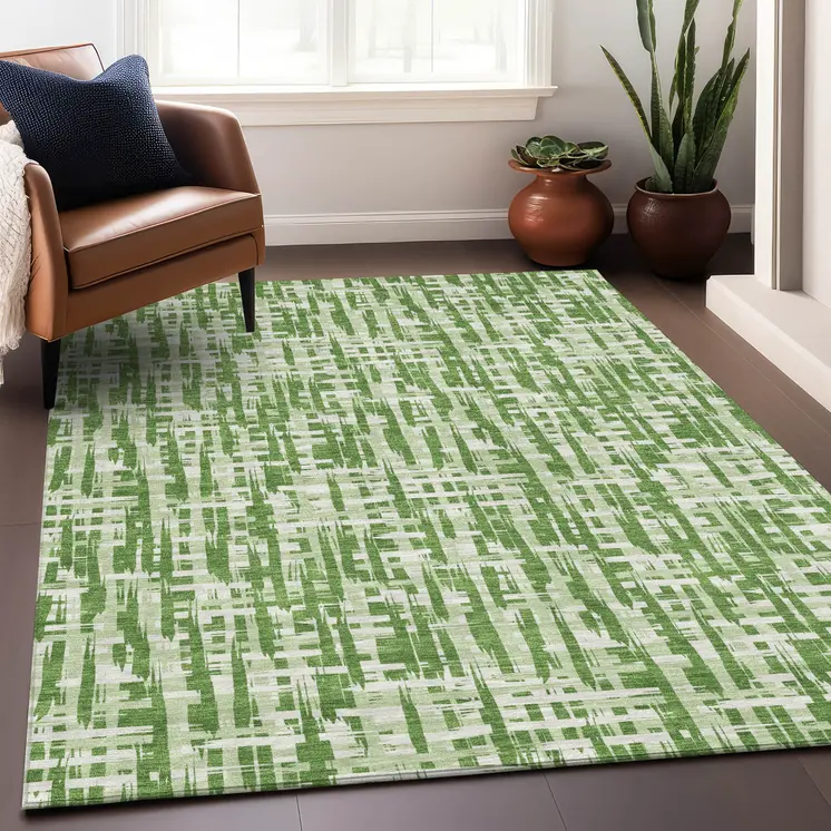 9' X 12' Green And Ivory Abstract Washable Indoor Outdoor Area Rug