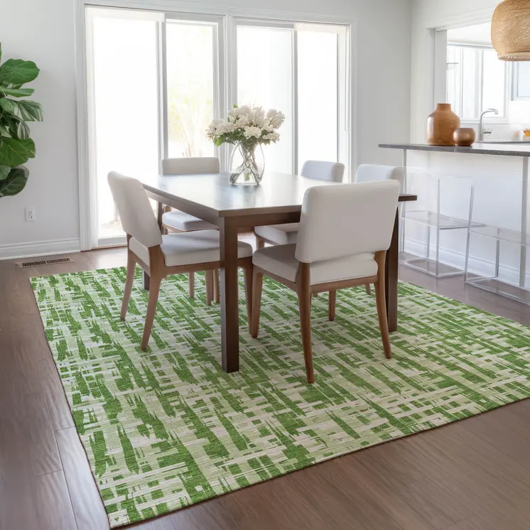 9' X 12' Green And Ivory Abstract Washable Indoor Outdoor Area Rug