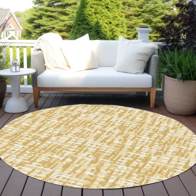8' Gold Brown And Beige Round Abstract Washable Indoor Outdoor Area Rug