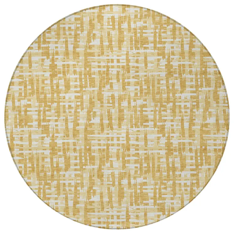 8' Gold Brown And Beige Round Abstract Washable Indoor Outdoor Area Rug