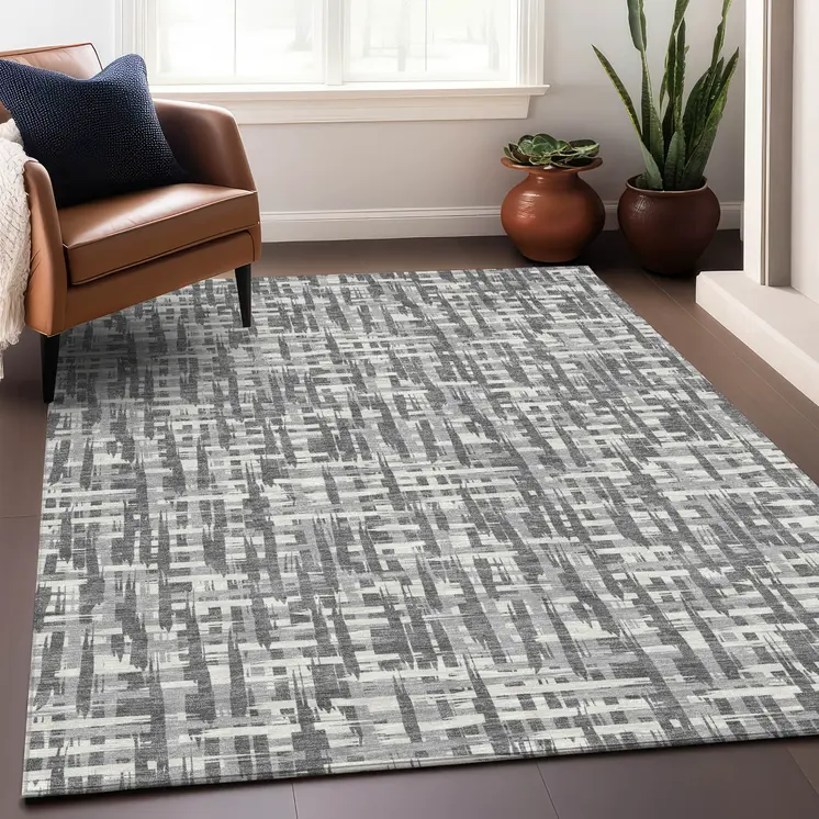 3' X 5' Gray And Charcoal Abstract Washable Indoor Outdoor Area Rug
