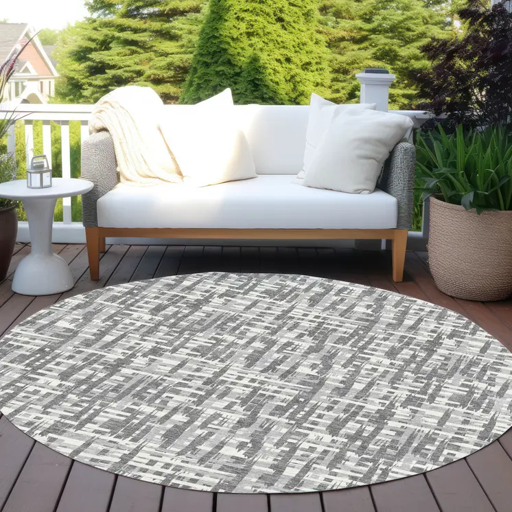 8' Gray And Charcoal Round Abstract Washable Indoor Outdoor Area Rug