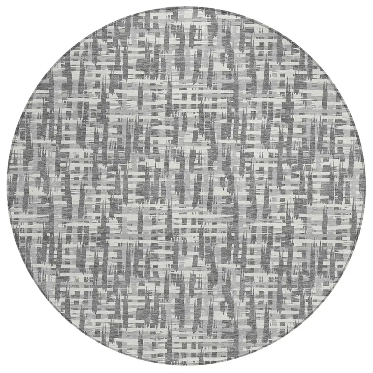 8' Gray And Charcoal Round Abstract Washable Indoor Outdoor Area Rug