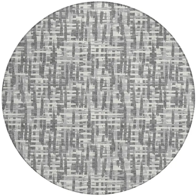 8' Gray And Charcoal Round Abstract Washable Indoor Outdoor Area Rug
