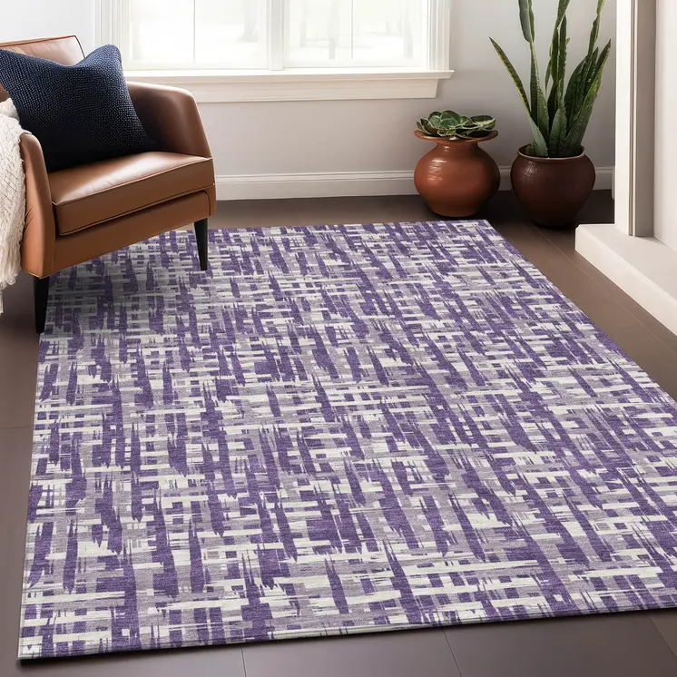 3' X 5' Purple And Lavender Abstract Washable Indoor Outdoor Area Rug