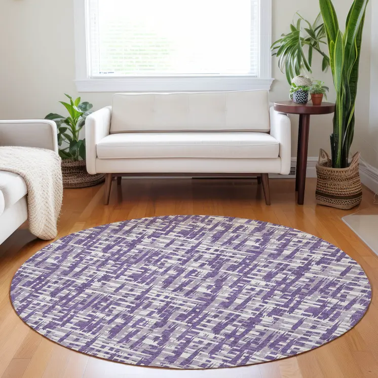 8' Purple And Lavender Round Abstract Washable Indoor Outdoor Area Rug